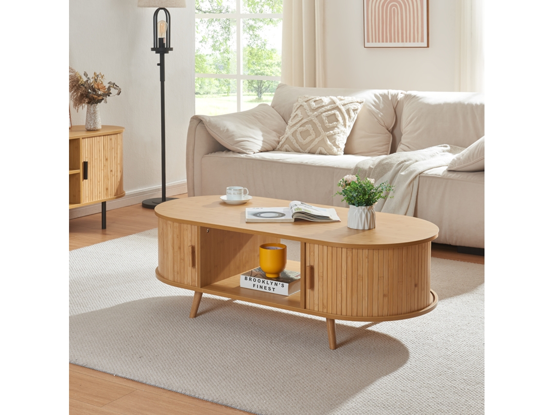 Mesa de Centro Nordkapp com Prateleiras Mdf Bambu 120X55X40Cm Natural [EN.CASA]