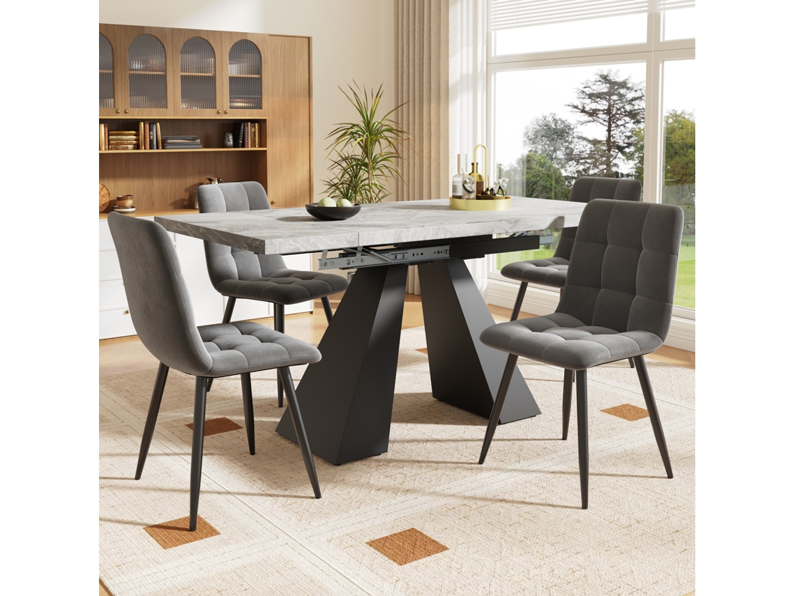 Conjunto de Mesa de Jantar Extensível para 4 Pessoas com 4 Cadeiras em Veludo Cinza e Estrutura Preta BGA STORE