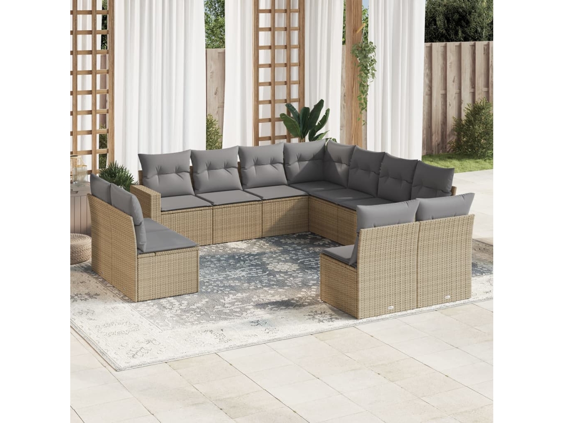Vidaxl 11 Pcs Conjunto Sofás De Jardim C/ Almofadões Vime Pe Bege