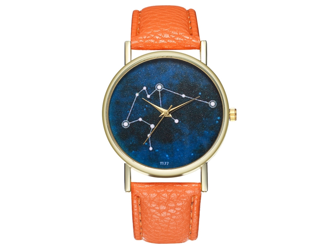 Relógio de Pulso de Quartzo Fashion com Pulseira de Couro e Mostrador Céu Estrelado (laranja)