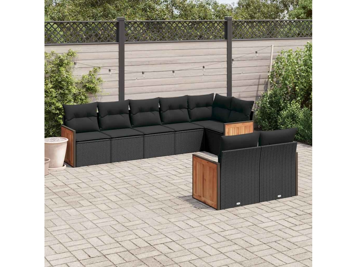 Vidaxl 8 Pcs Conjunto Sofás De Jardim Com Almofadões Vime Pe Preto
