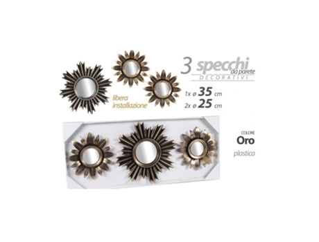 Conjunto de 3 Espelhos de Parede Decorativos Dourados 25/35cm Plástico de Pé 823893