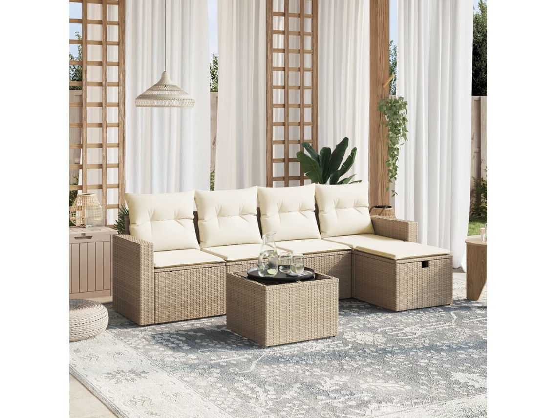 Vidaxl 6 Pcs Conjunto De Sofás P/ Jardim Com Almofadões Vime Pe Bege