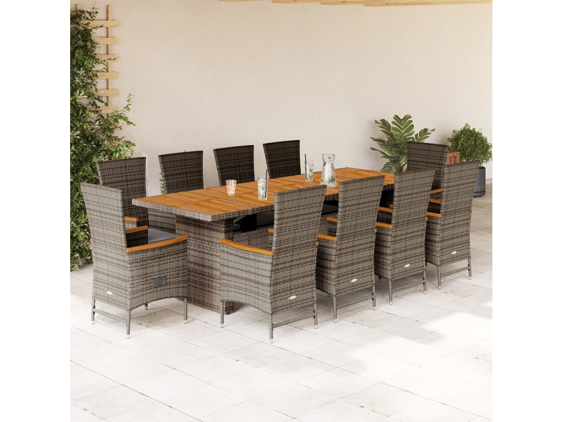 Vidaxl 11 Pcs Conjunto Jantar P/ Jardim C/ Almofadões Vime Pe Cinzento
