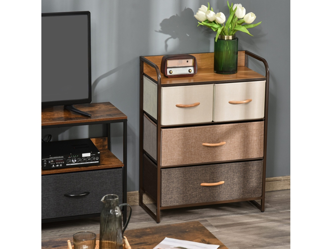 Cómoda Tecido com 4 Cestos Removíveis e Dobráveis Base Elevada Móvel Armazen. 58x29x78.5 Cm Multicor