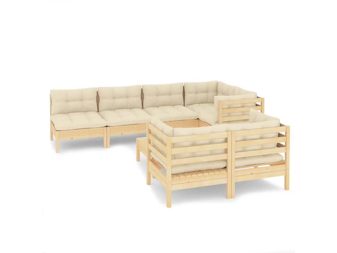 Conjunto de 8 Lounge Jardim com Almofadões Creme Pinho Maciço MAISON EXCLUSIVE