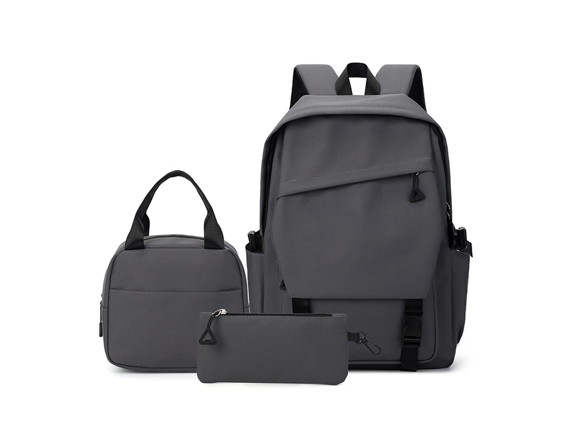 Conjunto De Mochila Minimalista Cinza De 3 Peças – Mochila Escolar Impermeável Em Tecido Oxford