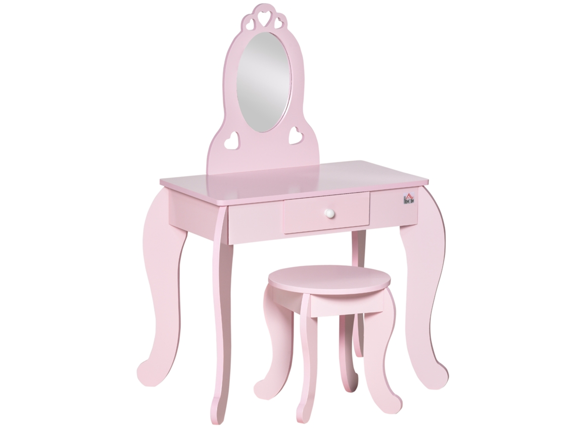 Mesa de Maquiagem Infantil com Banquinho de Madeira. Penteadeira com Espelho e Gaveta. 60x36x88cm. Rosa Ge