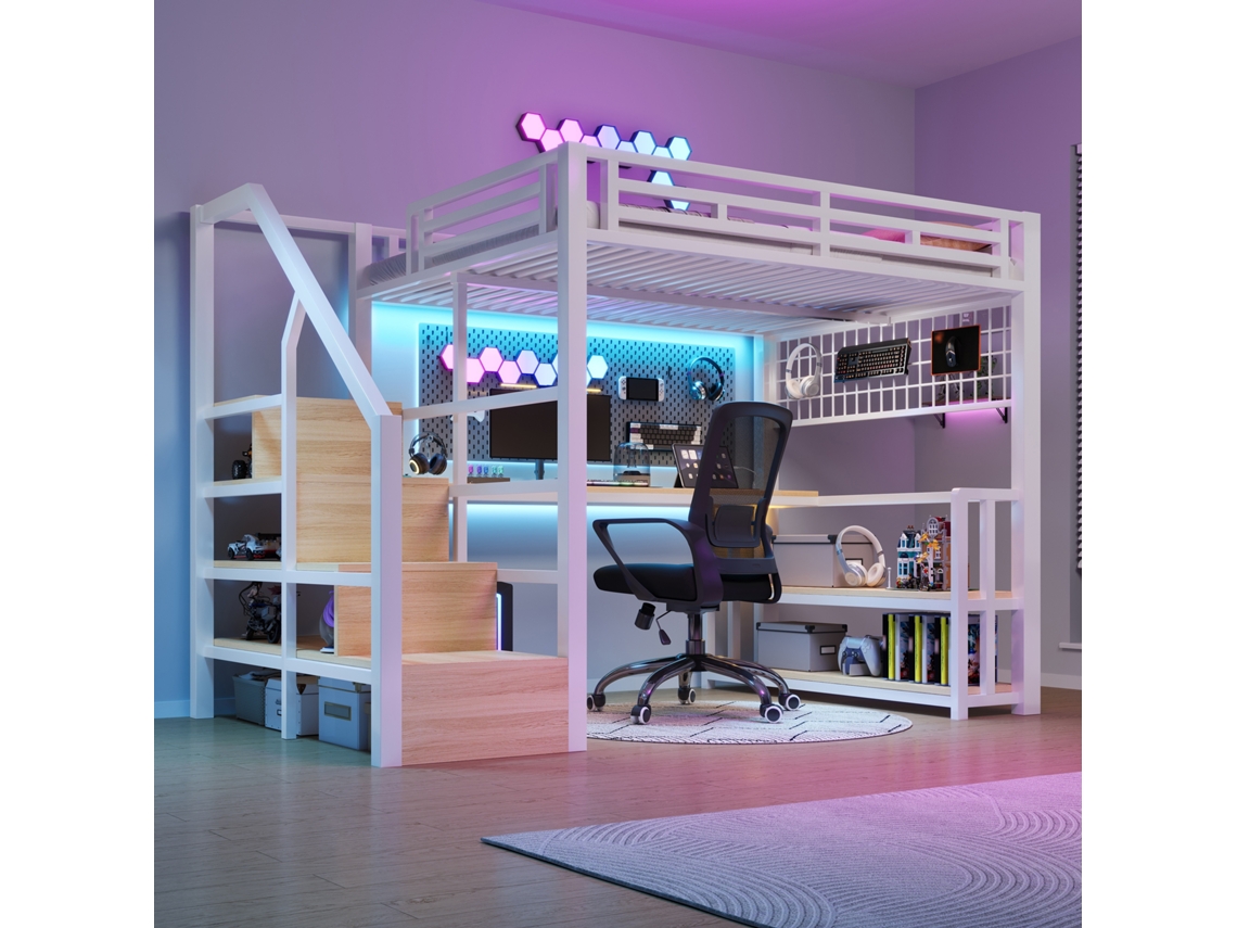 Beliche Mezanino 140x200cm metálico com escrivaninha, led multicolorido, prateleiras, usb, tomadas, armazenamento, branco KOMHTOM