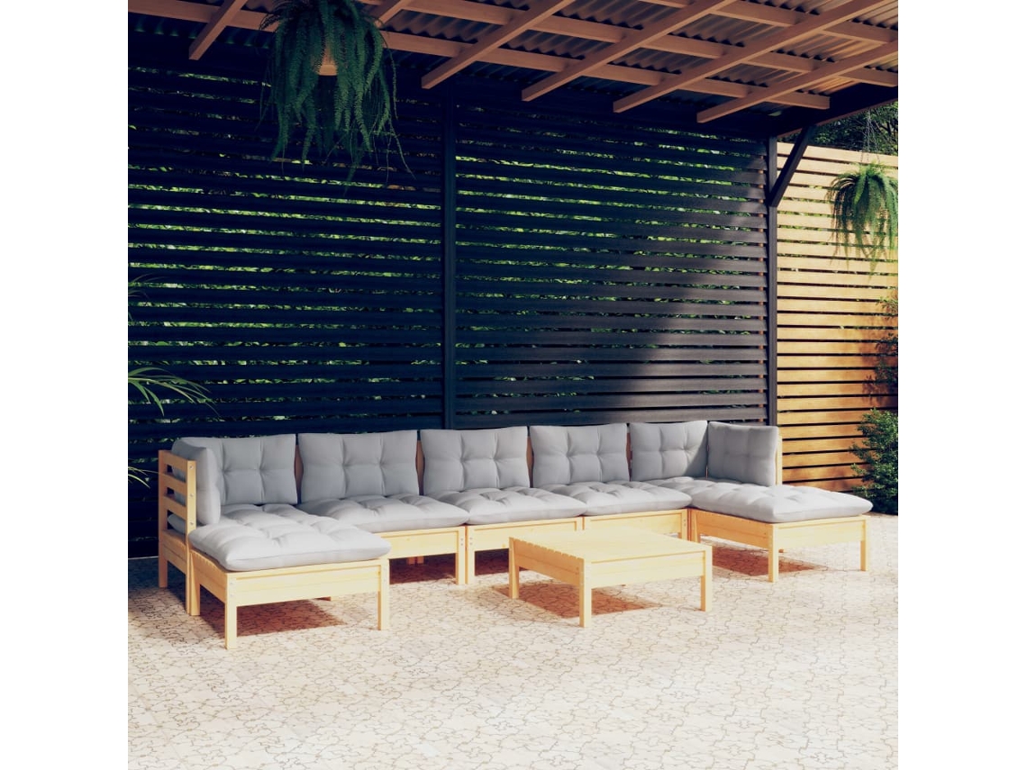 Conjunto Lounge Jardim 8 Peças C/ Almofadões Cinzentos Pinho Dkd Home Decor