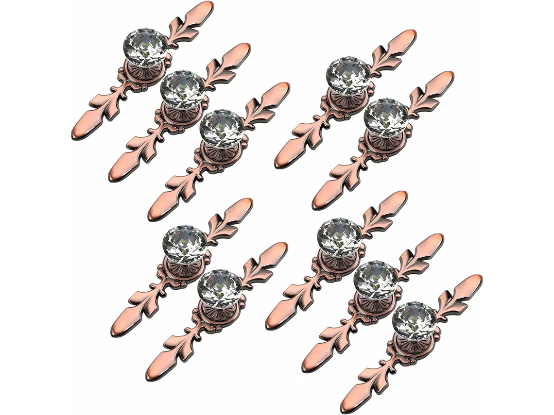 Conjunto De 10 Puxadores Porta Armário Com Furo Único Em Cristal E Acabamento Diamante, Com Placa De Bronze Vermelho