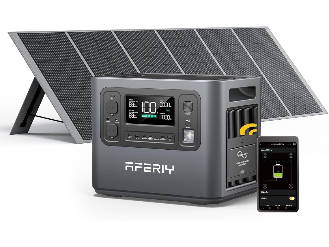 AFERIY Estação de Energia 2400W 2048Wh com Painel Solar 400W, LiFePO4, UPS 10ms, Carregamento Solar de Alta Eficiência e Operação Silenciosa