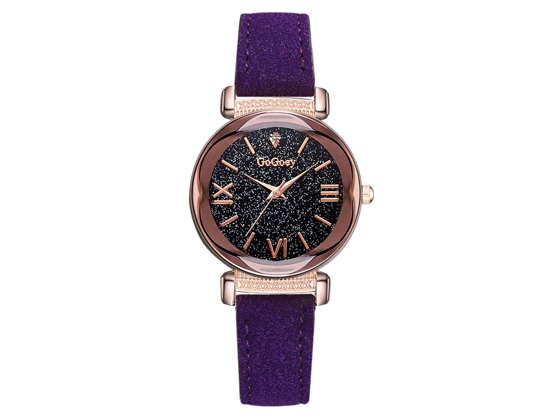 Relógio de Pulso Feminino de Quartzo com Mostrador Céu Estrelado e Números Romanos Pulseira Pu Roxo