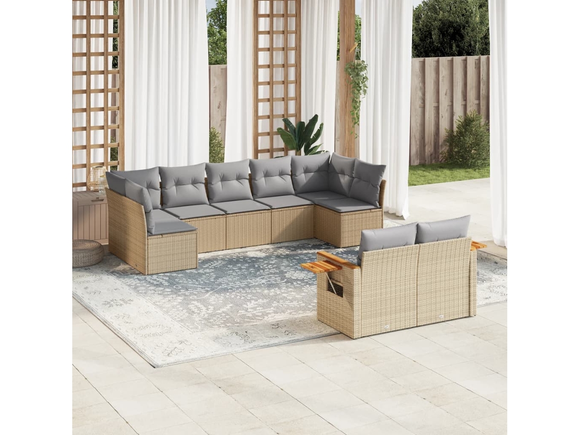 Vidaxl 9 Pcs Conjunto De Sofás P/ Jardim Com Almofadões Vime Pe Bege