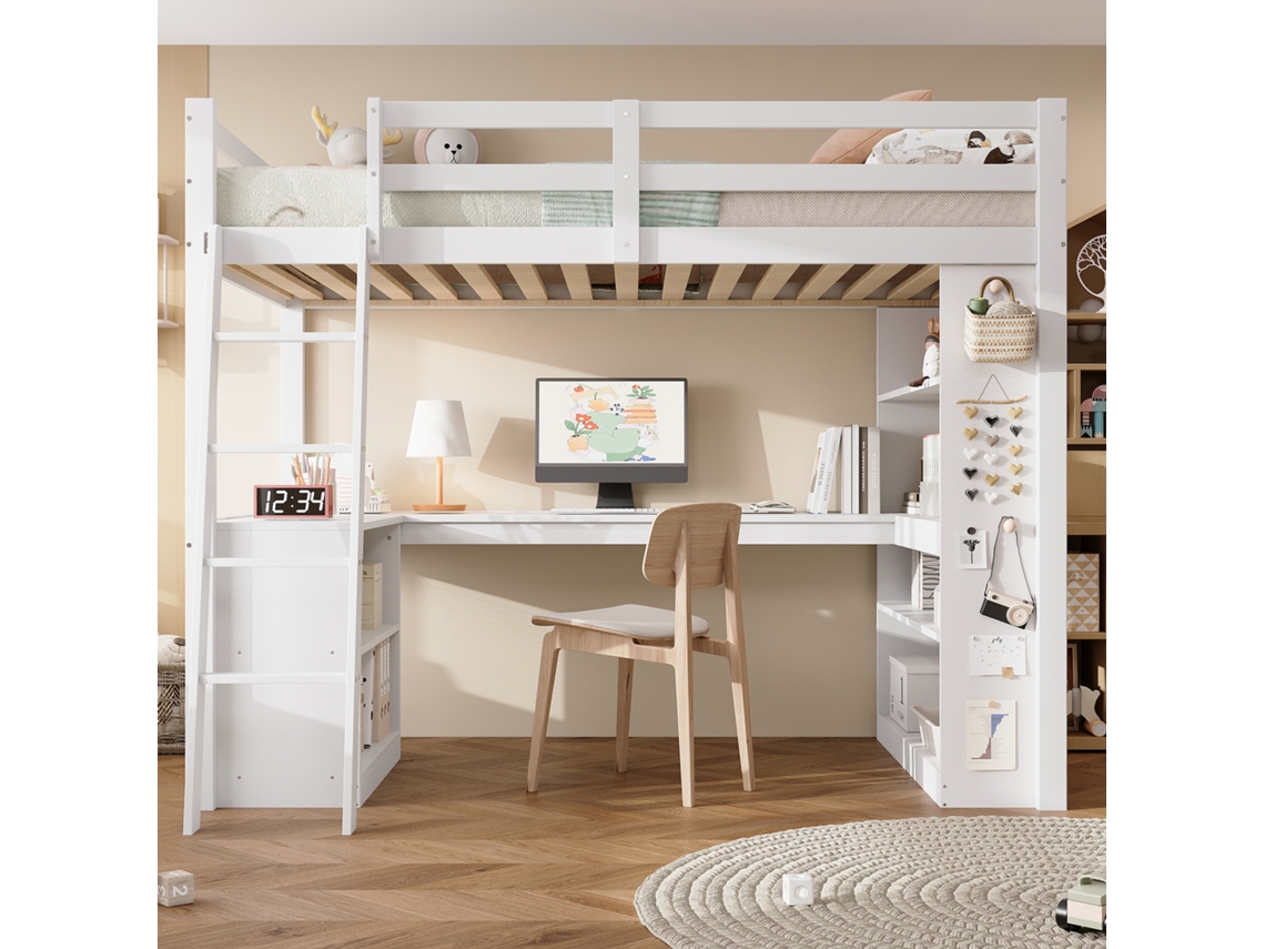 Cama Elevada Infantil 90×200 Cm Com Estante Prática, Escada Inclinada