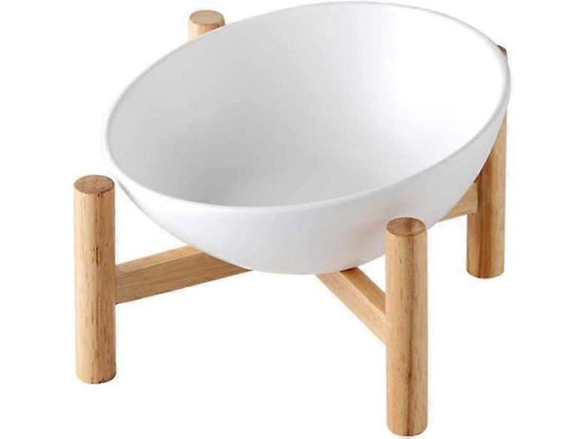 Tigela Elevada Inclinada de Cerâmica com Suporte de Madeira para Cães e Gatos, À Prova de Derramamento, para Alimentos e Água Branca AQUAFORGE