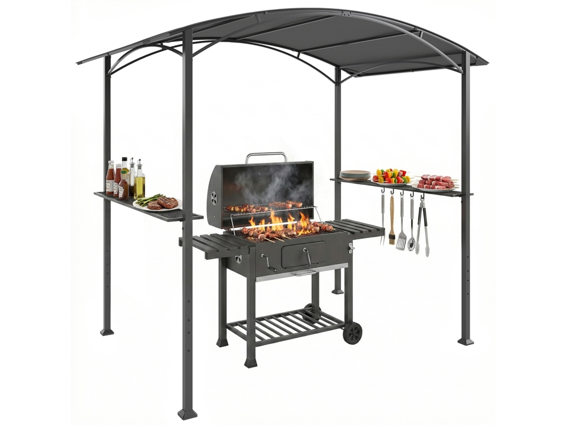 Toldo para Jardim de 2.4 X 1.5 M com 2 Prateleiras Laterais e Ganchos. Cinzento Escuro FYNTERA EUROPA