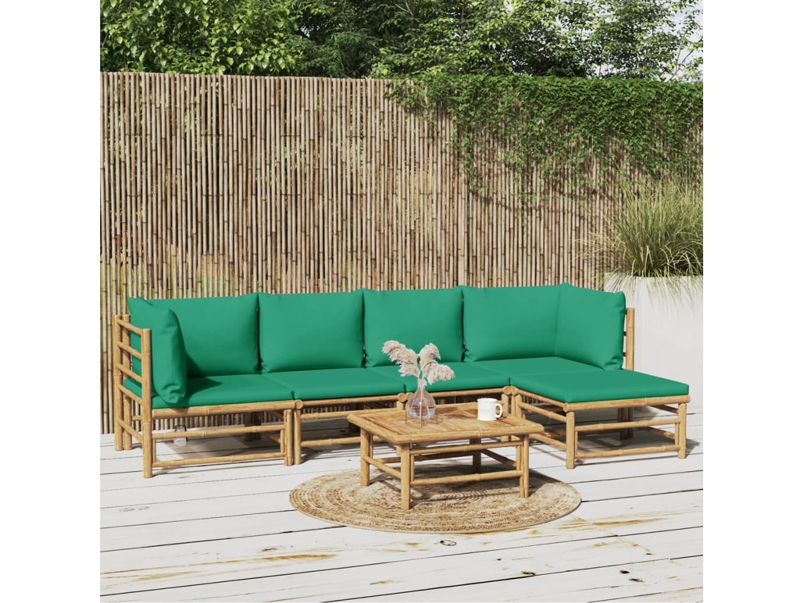 Vidaxl 6 Pcs Conjunto Lounge De Jardim Bambu C/ Almofadões Verdes