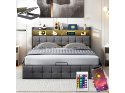Cama Estofada 140x190cm com Led/USB, com Cabeceira Funcional, Linho Cinza BURSDANY