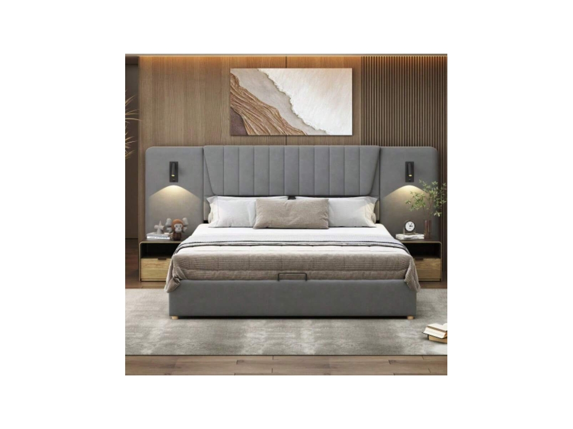 Cama Estofada 180x200cm Cinza Com Cabeceira Longa, Luz De Leitura Direcional, Porta Usb, Hidráulica Com Arrumação.