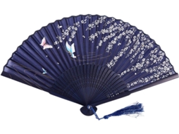 Leque de renda de bambu flexível com padrão de flor e flor.