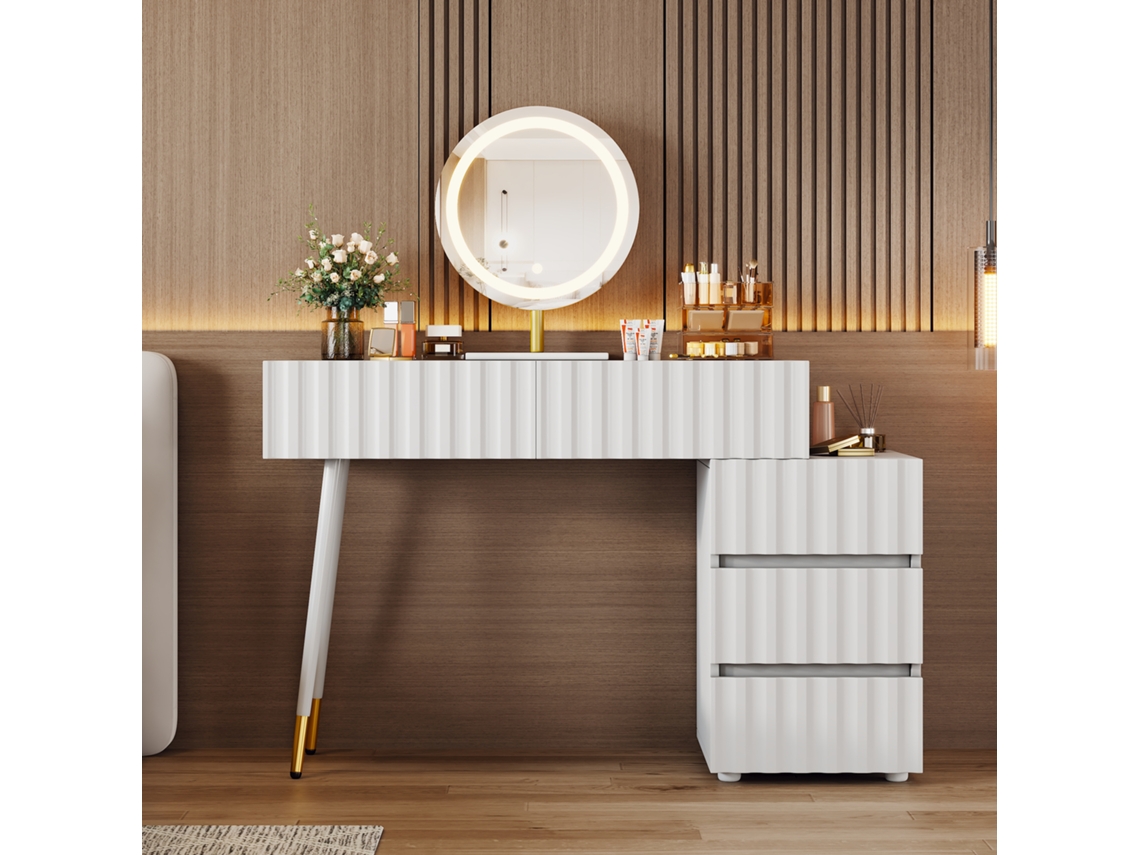 Conjunto Penteadeira Branca Com Espelho Led E 5 Gavetas Espaçosas, 100x127x40cm, Sem Banqueta, Para Organização.