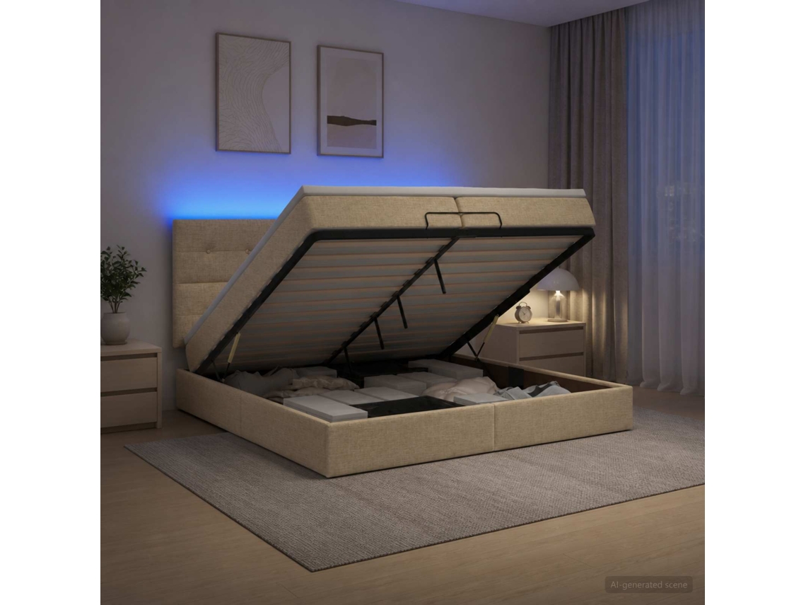 Vidaxl Cama Ottoman Com Colchão E Led Creme 200 X 200 Cm Tecido