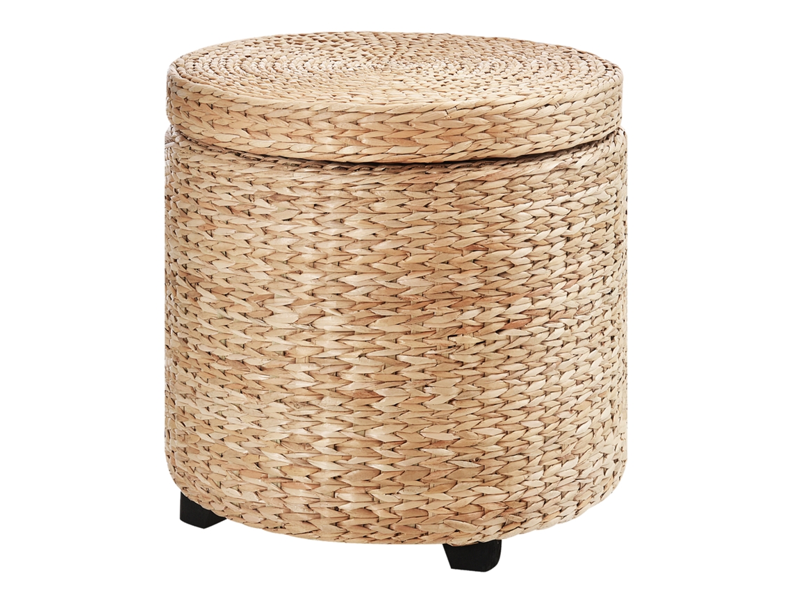 Pufe Redondo Boho Com Estofamento Natural, Mesa De Centro Cáqui Ø43x43cm E Aconchegante