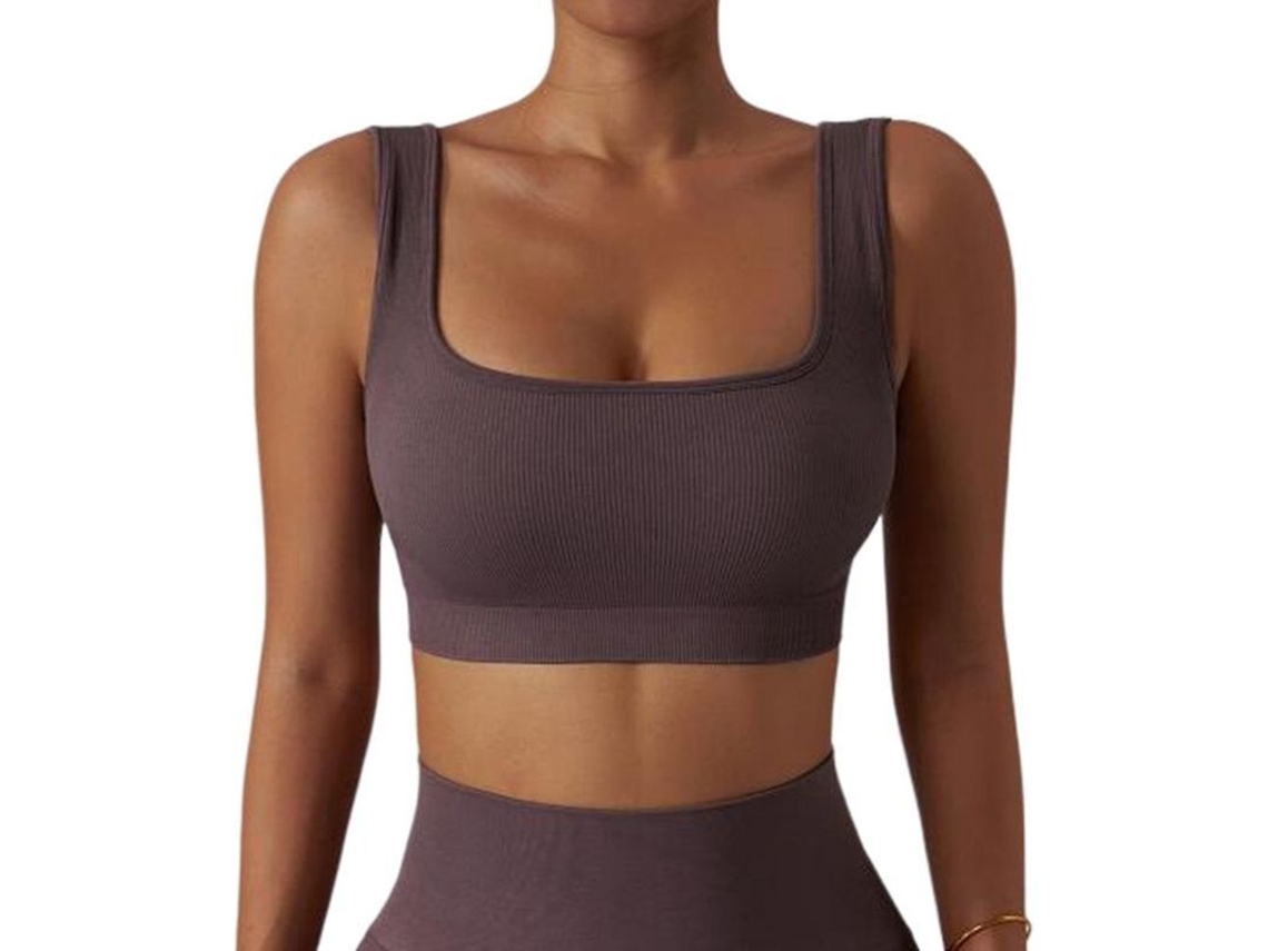 Top Ribbed Simples com Sutiã Esportivo Crop Tops para Mulheres Ideal para Atividades Diárias e Treinos Marrom