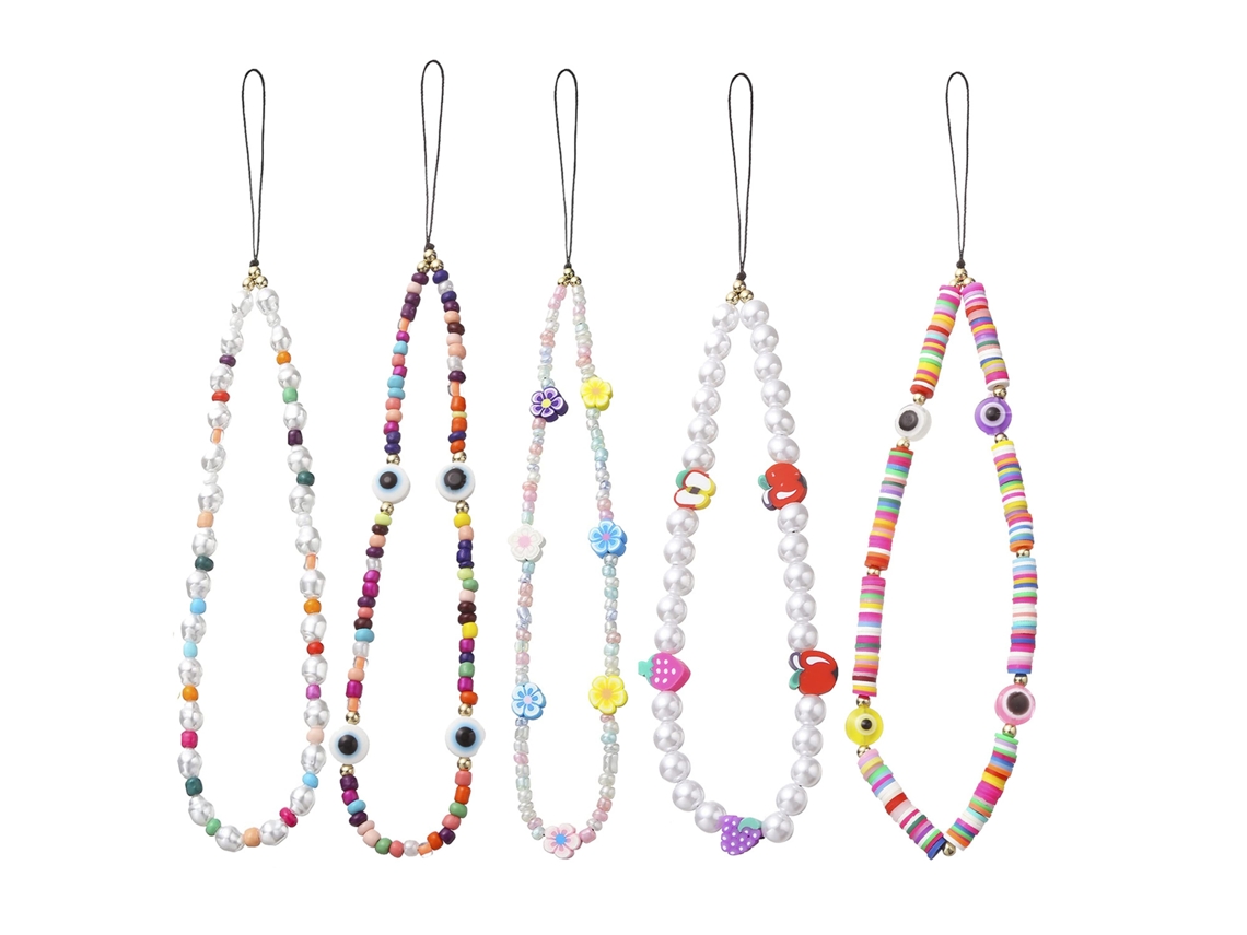 Conjunto De 5 Cordões Para Celular Com Miçangas, Alça De Pulso Com Pingente De Fruta.