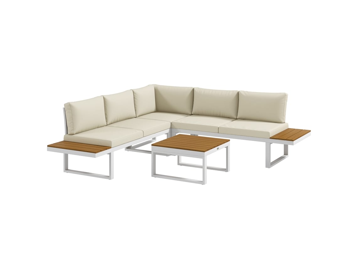 Conjunto Móveis Jardim 2 Sofás Duplos 1 Sofá Canto Mesa Centro Almofadas Creme