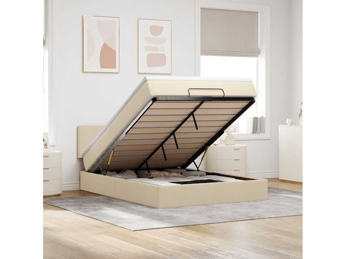 Vidaxl Cama Otomana Com Colchão Leds Creme 140x200 Cm Tecido