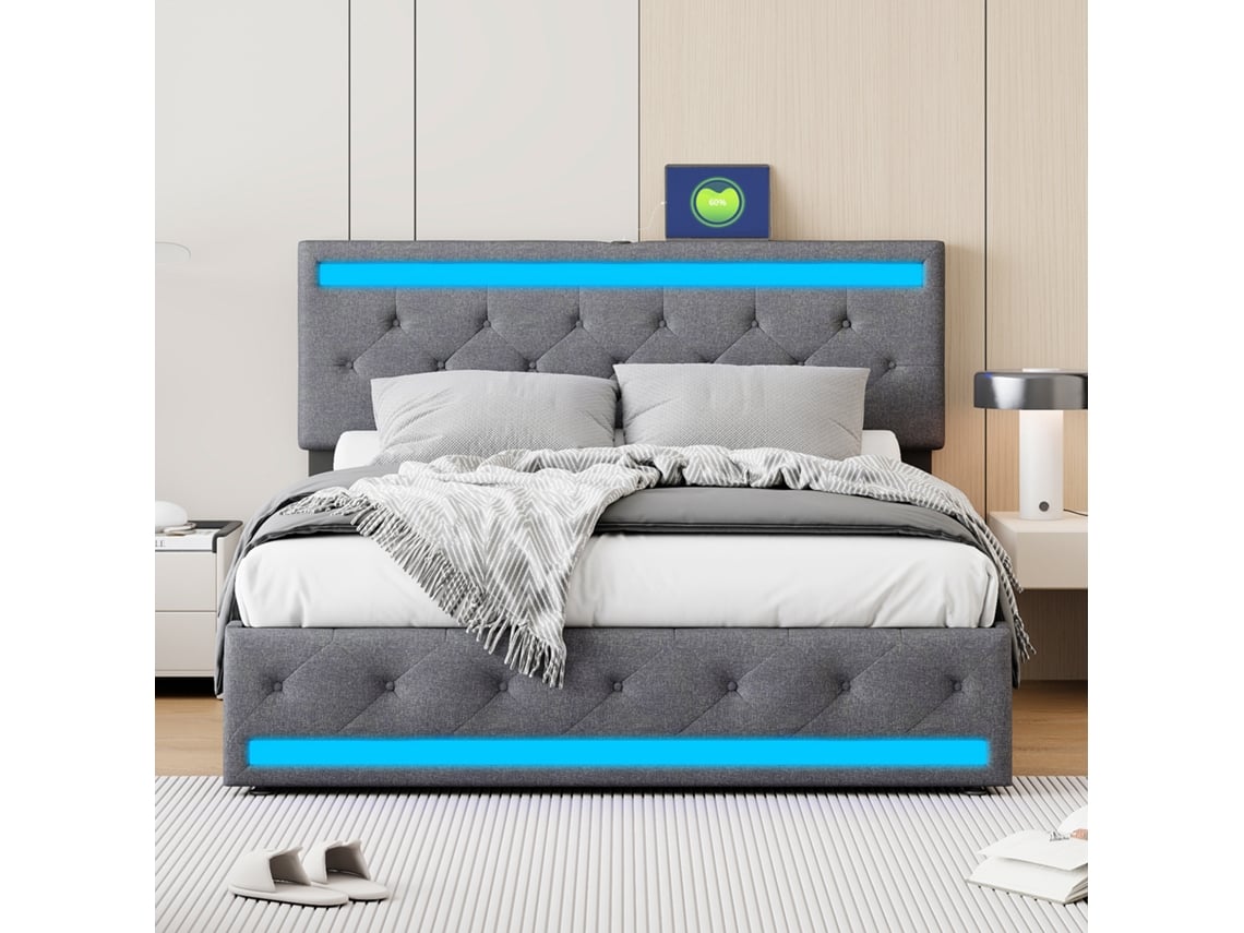 Cama de Casal Estofada 160x200 com USB Tipo C, LED, 4 Gavetas e Comando