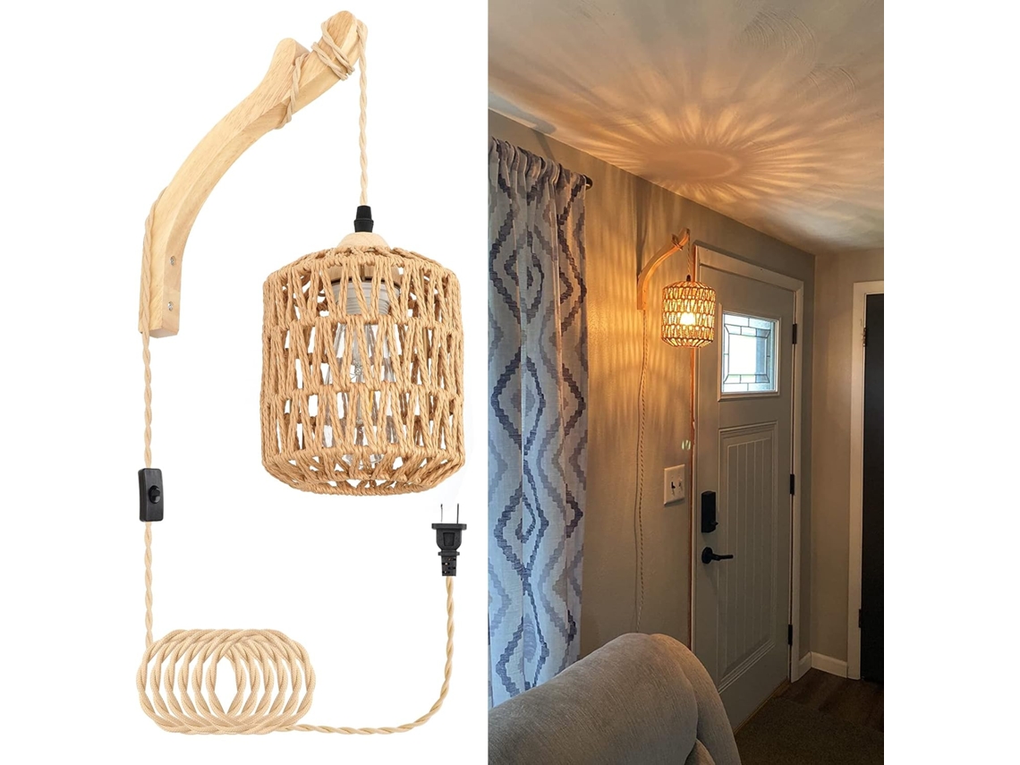 Candeeiro Parede Rattan - Luminária Artesanal - Estilo Boho - Com Ficha - Madeira Natural