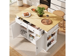 Ilha De Cozinha Com Bancada, Carrinho De Servir Com Tomadas, Armário E Estante Branco Com Acabamento Em Madeira Liptaptyn