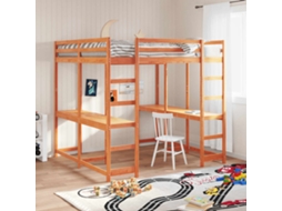 Vidaxl Cama Alta Com Secretária E Escada Pinho Maciço Castanho-mel