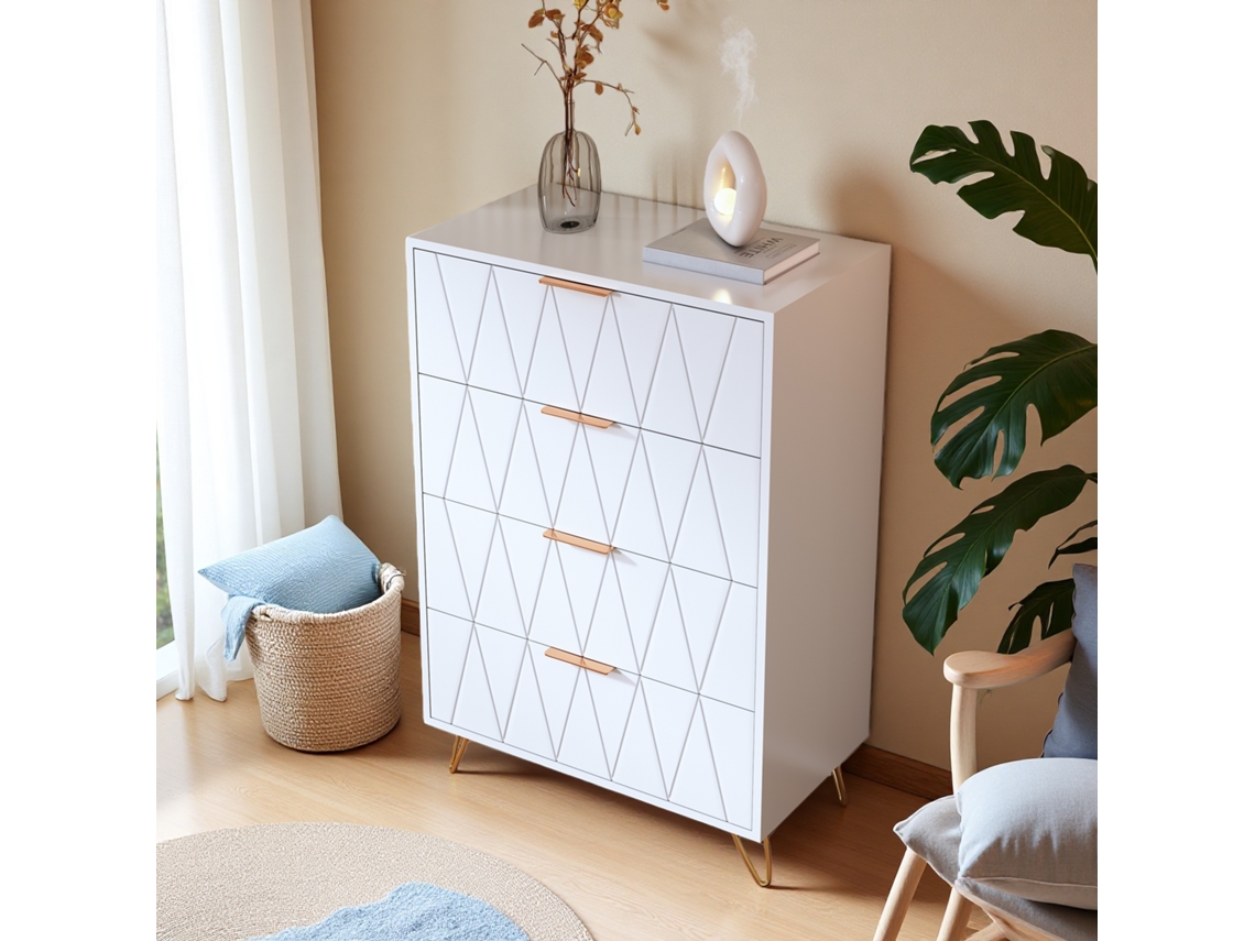 Cómoda De Quatro Gavetas Branca 60x34x90cm, Cómoda Branca Com Textura De Losango, Moderna Minimalista, Armazenamento Seguro, Luxo Leve