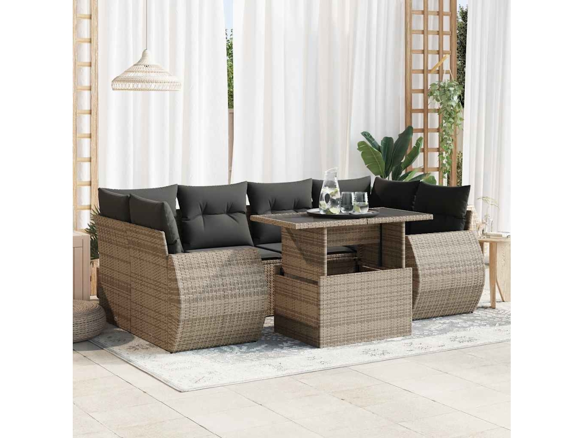 Vidaxl 7 Pcs Conjunto Sofás P/ Jardim C/ Almofadões Vime Pe Cinzento
