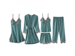 2026-conjunto De 5 Peças De Pijama De Seda Europeia Sexy Para Mulher Roupa Noturna Lingerie Dkp L Verde