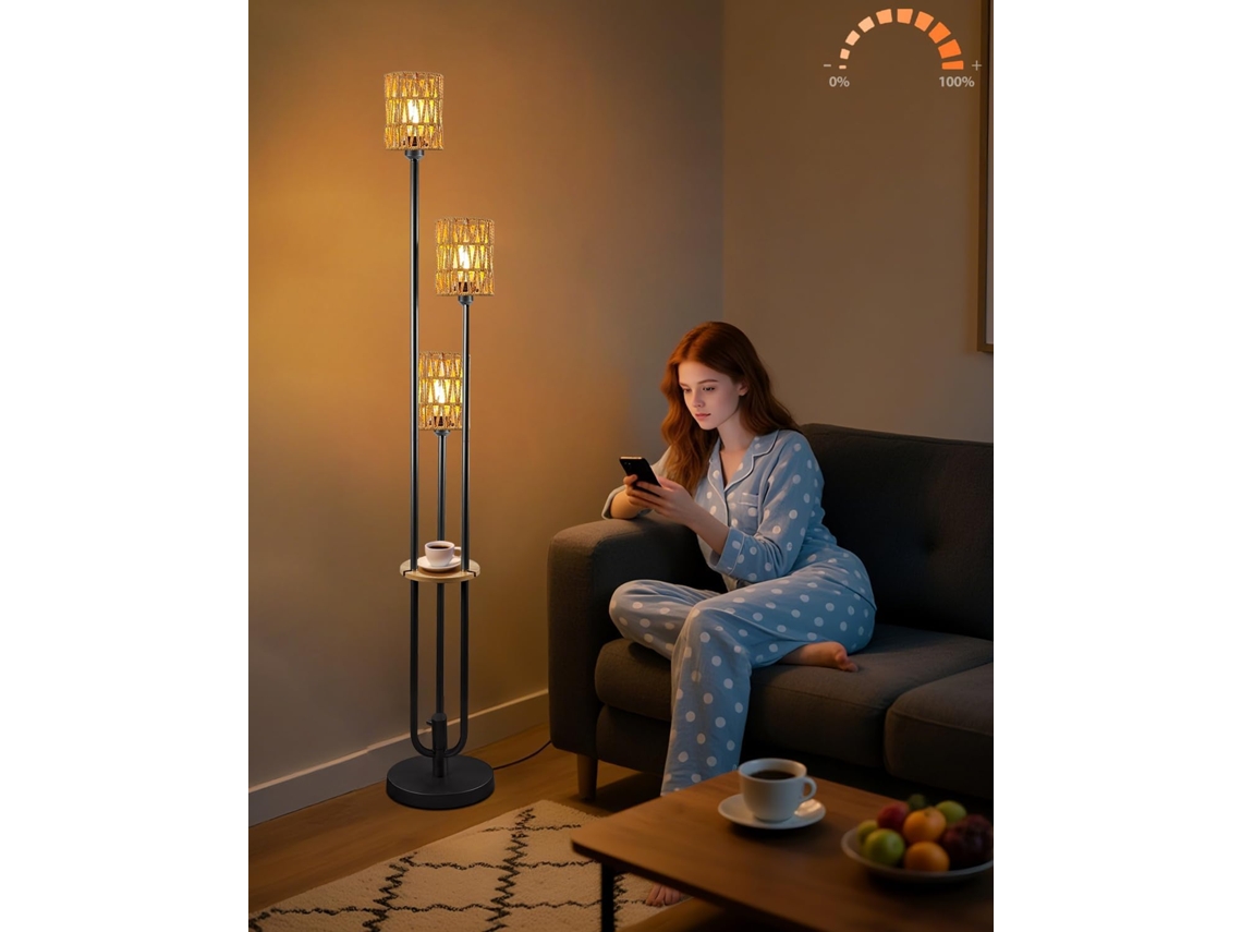 Luminária De Chão Regulável 160cm Com Prateleira, Base Em Rattan Preto, Estilo Castiçal, 3000k, Branco Quente Estilo
