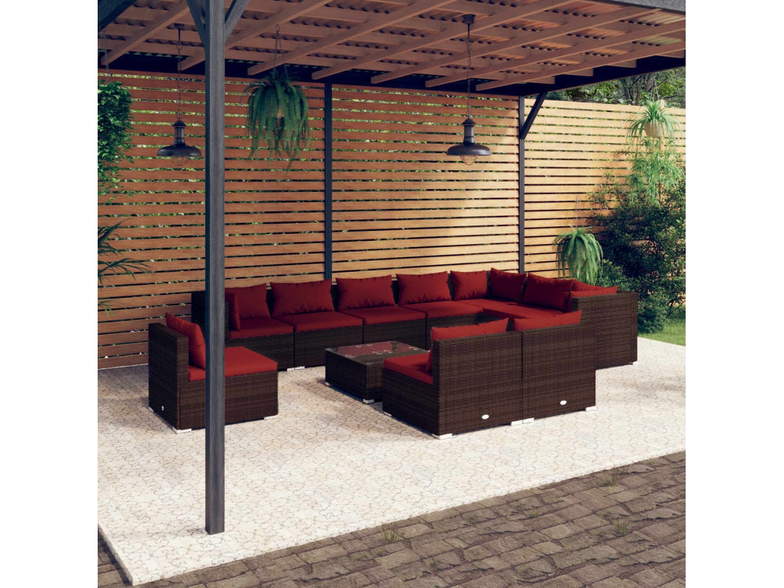 11 Pcs Conjunto Lounge Jardim C/ Almofadões Vime Pe Castanho Dkd Home Decor