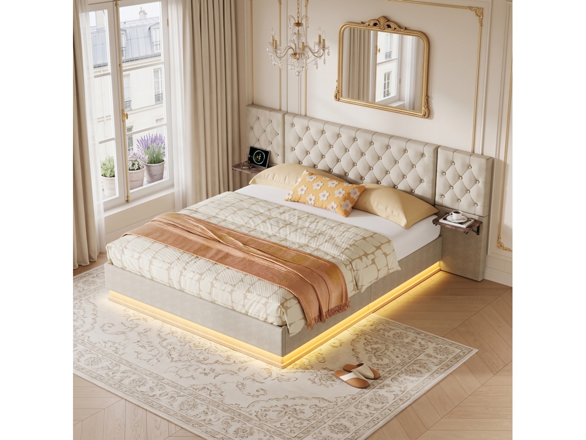 Cama Casal 160x200 Cm Com Arrumação Hidráulica, Cabeceira Estofada, Led, Usb E Mesas De Cabeceira Integradas Com Carregamento Em Linho Bege