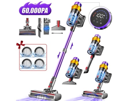 Aspirador de pó vertical sem fio 60.000 Pa, 3 níveis de sucção, display LED, autonomia de 70 minutos, escova móvel, limpeza perfumada com pastilhas de aroma Adormii