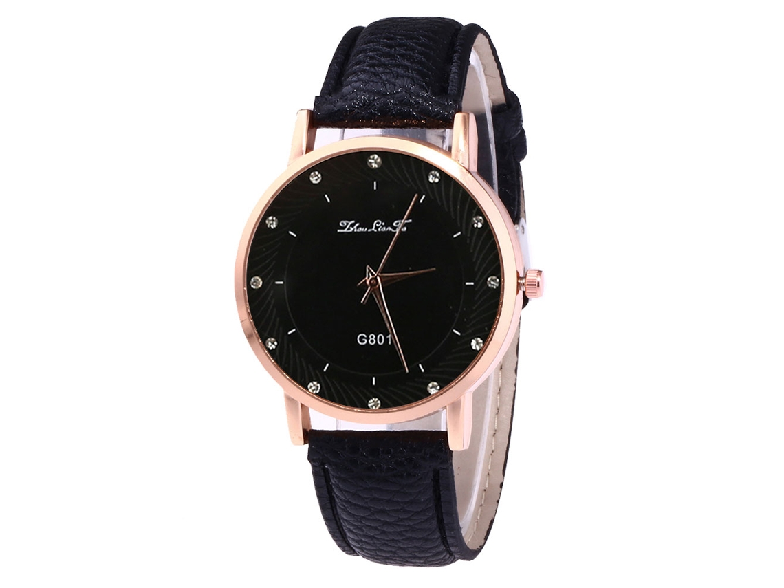 Relógio de quartzo com pulseira de couro PU, mostrador redondo, decoração com strass, unissex, Zhoulianfa (preto)