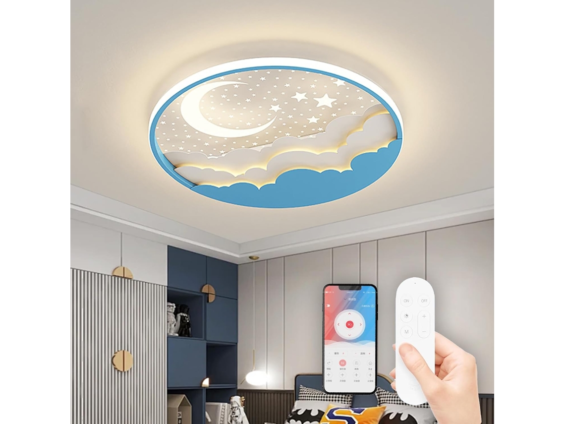 Plafon Led Azul 50 Cm Com Lua E Estrelas, Céu Estrelado Para Quarto