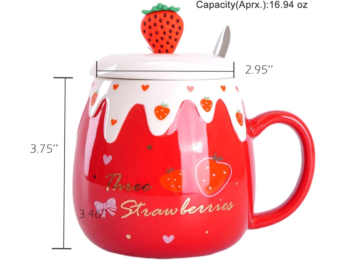 Xícara De Café Com Tampa E Colher Para Mulheres, Estampa Morango, Estilo Coreano, Em Cerâmica, Estudantes 500ml/17oz Aquaforge