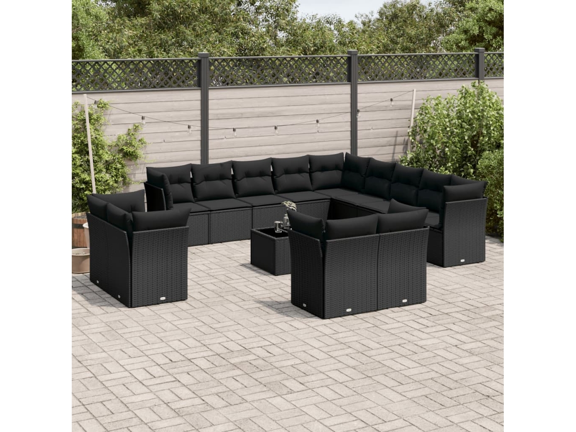 Vidaxl 14 Pcs Conjunto De Sofás P/ Jardim C/ Almofadões Vime Pe Preto