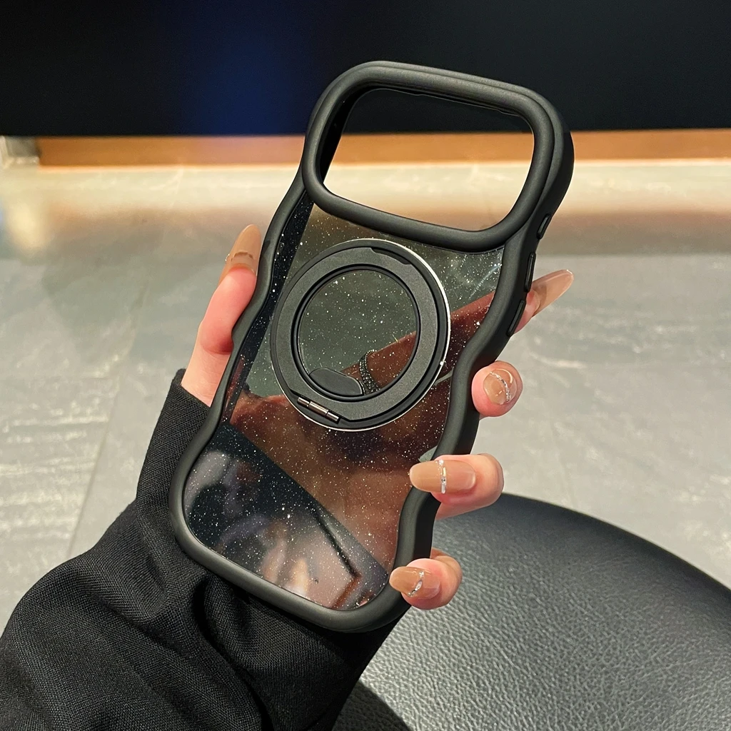 Capa Para Celular Com Suporte Magnético Giratório E Moldura Ondulada Brilhante (preta) Para Iphone 17 Pro
