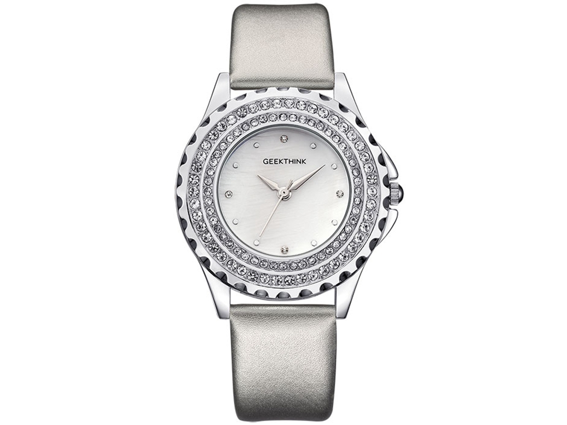 Relógio de Pulso Feminino Casual Geekthink com Pulseira de Couro Pu e Pedras Strass Prata