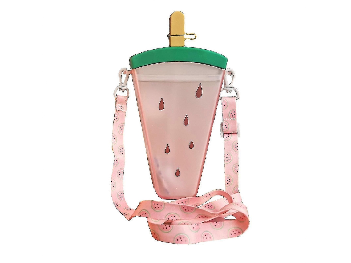Copo de plástico com palhinha em forma de melancia, portátil com cordão. 350 ml, 12,6x4,4x22 cm.